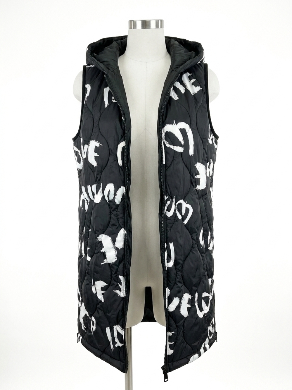 NEW CHARLIE B hooded sleeveless quilted long vest in black